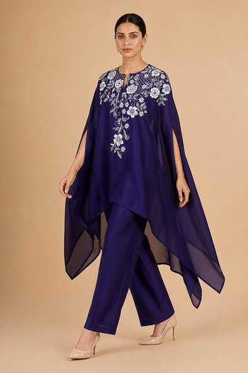 Origani Purple Chanderi Silk Round Neck Applique Work Kaftan And Pant Set at Aza Fashions Origani_Purple Chanderi Silk Round Neck Applique Work Kaftan And Pant Set _at_Aza_Fashions
