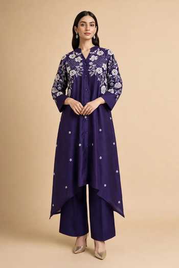 Origani Purple Chanderi Silk Mandarin Collar, Yes Embroidered Kurta And Pant Set Online at Aza Fashions Origani_Purple Chanderi Silk Mandarin Collar, Yes Embroidered Kurta And Pant Set _Online_at_Aza_Fashions