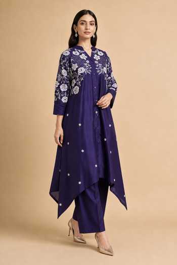 Buy Origani Purple Chanderi Silk Mandarin Collar, Yes Embroidered Kurta And Pant Set Online at Aza Fashions Buy_Origani_Purple Chanderi Silk Mandarin Collar, Yes Embroidered Kurta And Pant Set _Online_at_Aza_Fashions