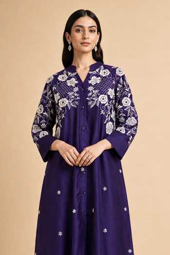 Shop Origani Purple Chanderi Silk Mandarin Collar, Yes Embroidered Kurta And Pant Set Online at Aza Fashions Shop_Origani_Purple Chanderi Silk Mandarin Collar, Yes Embroidered Kurta And Pant Set _Online_at_Aza_Fashions