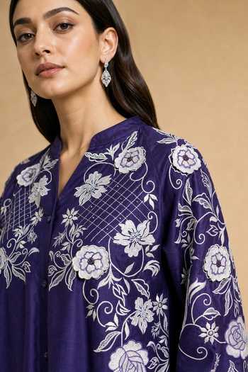 Buy Origani Purple Chanderi Silk Mandarin Collar, Yes Embroidered Kurta And Pant Set Buy_Origani_Purple Chanderi Silk Mandarin Collar, Yes Embroidered Kurta And Pant Set