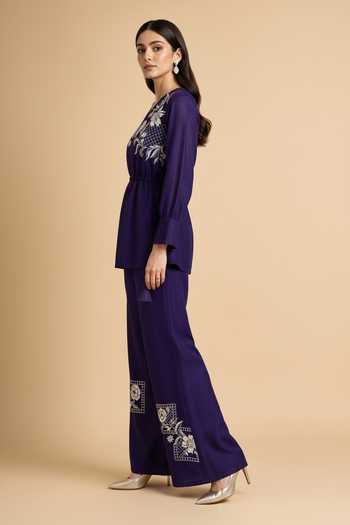 Origani Purple Chanderi Silk V-neck Peplum Top And Pant Set Online at Aza Fashions Origani_Purple Chanderi Silk V-neck Peplum Top And Pant Set _Online_at_Aza_Fashions