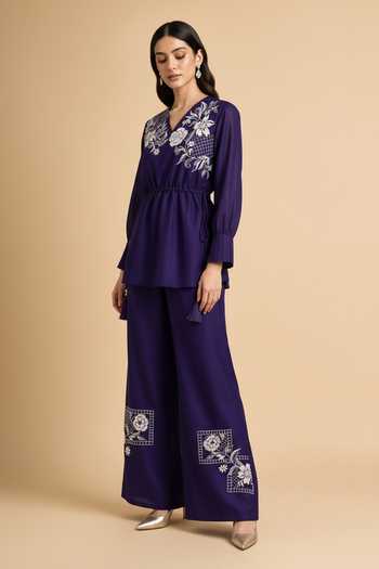 Buy Origani Purple Chanderi Silk V-neck Peplum Top And Pant Set Online at Aza Fashions Buy_Origani_Purple Chanderi Silk V-neck Peplum Top And Pant Set _Online_at_Aza_Fashions