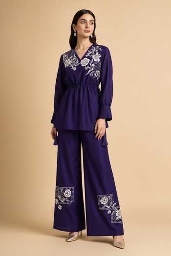 Shop Origani Purple Chanderi Silk V-neck Peplum Top And Pant Set Online at Aza Fashions Shop_Origani_Purple Chanderi Silk V-neck Peplum Top And Pant Set _Online_at_Aza_Fashions