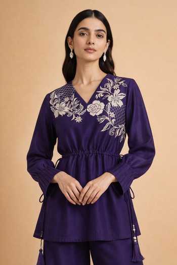 Origani Purple Chanderi Silk V-neck Peplum Top And Pant Set at Aza Fashions Origani_Purple Chanderi Silk V-neck Peplum Top And Pant Set _at_Aza_Fashions