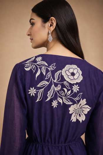 Buy Origani Purple Chanderi Silk V-neck Peplum Top And Pant Set Buy_Origani_Purple Chanderi Silk V-neck Peplum Top And Pant Set