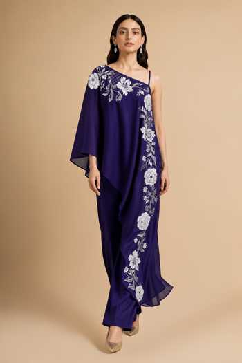 Origani Purple Chanderi Silk One Shoulder Applique Embroidered Kurta And Pant Set Online at Aza Fashions Origani_Purple Chanderi Silk One Shoulder Applique Embroidered Kurta And Pant Set _Online_at_Aza_Fashions