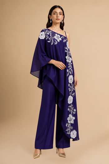 Shop Origani Purple Chanderi Silk One Shoulder Applique Embroidered Kurta And Pant Set Online at Aza Fashions Shop_Origani_Purple Chanderi Silk One Shoulder Applique Embroidered Kurta And Pant Set _Online_at_Aza_Fashions