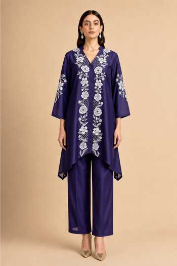 Shop Origani Purple Chanderi Silk Mandarin Collar Applique Embroidered Kurta And Pant Set Online at Aza Fashions Shop_Origani_Purple Chanderi Silk Mandarin Collar Applique Embroidered Kurta And Pant Set _Online_at_Aza_Fashions