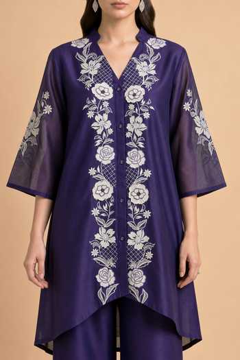 Origani Purple Chanderi Silk Mandarin Collar Applique Embroidered Kurta And Pant Set at Aza Fashions Origani_Purple Chanderi Silk Mandarin Collar Applique Embroidered Kurta And Pant Set _at_Aza_Fashions