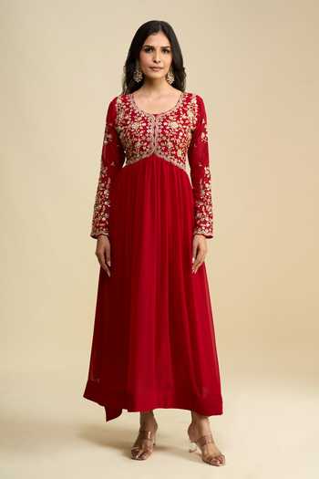 Khwaab By Sanjana Lakhani Red Georgette Scoop Neck Embroidered Anarkali And Dupatta Set Online at Aza Fashions Khwaab By Sanjana Lakhani_Red Georgette Scoop Neck Embroidered Anarkali And Dupatta Set _Online_at_Aza_Fashions
