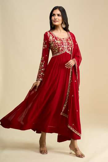 Shop Khwaab By Sanjana Lakhani Red Georgette Scoop Neck Embroidered Anarkali And Dupatta Set Online at Aza Fashions Shop_Khwaab By Sanjana Lakhani_Red Georgette Scoop Neck Embroidered Anarkali And Dupatta Set _Online_at_Aza_Fashions