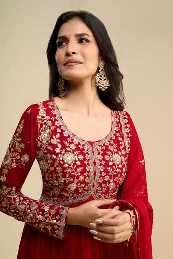 Khwaab By Sanjana Lakhani Red Georgette Scoop Neck Embroidered Anarkali And Dupatta Set at Aza Fashions Khwaab By Sanjana Lakhani_Red Georgette Scoop Neck Embroidered Anarkali And Dupatta Set _at_Aza_Fashions