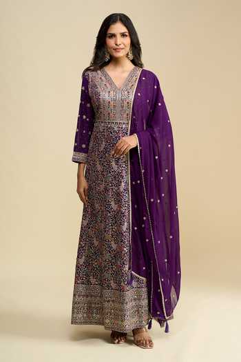 Khwaab By Sanjana Lakhani Purple Georgette V-neck Embroidered Anarkali With Dupatta Online at Aza Fashions Khwaab By Sanjana Lakhani_Purple Georgette V-neck Embroidered Anarkali With Dupatta _Online_at_Aza_Fashions