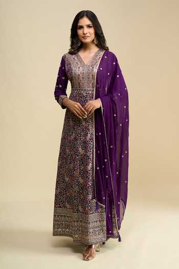 Buy Khwaab By Sanjana Lakhani Purple Georgette V-neck Embroidered Anarkali With Dupatta Online at Aza Fashions Buy_Khwaab By Sanjana Lakhani_Purple Georgette V-neck Embroidered Anarkali With Dupatta _Online_at_Aza_Fashions
