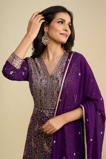 Shop Khwaab By Sanjana Lakhani Purple Georgette V-neck Embroidered Anarkali With Dupatta Online at Aza Fashions Shop_Khwaab By Sanjana Lakhani_Purple Georgette V-neck Embroidered Anarkali With Dupatta _Online_at_Aza_Fashions
