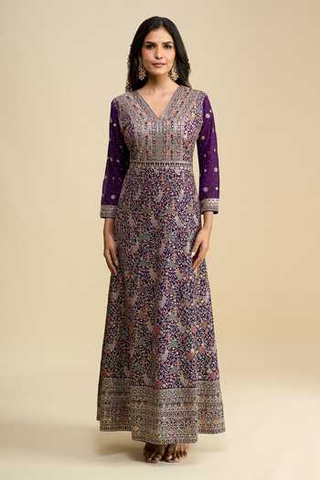 Khwaab By Sanjana Lakhani Purple Georgette V-neck Embroidered Anarkali With Dupatta at Aza Fashions Khwaab By Sanjana Lakhani_Purple Georgette V-neck Embroidered Anarkali With Dupatta _at_Aza_Fashions