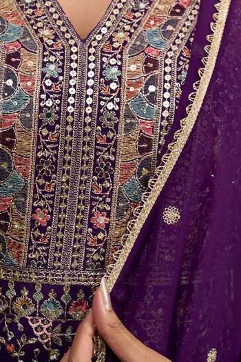 Shop Khwaab By Sanjana Lakhani Purple Georgette V-neck Embroidered Anarkali With Dupatta Shop_Khwaab By Sanjana Lakhani_Purple Georgette V-neck Embroidered Anarkali With Dupatta