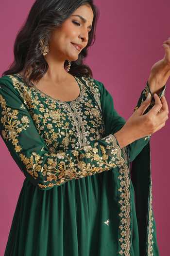 Khwaab By Sanjana Lakhani Green Georgette Scoop Neck Yoke Embroidered Anarkali With Dupatta Online at Aza Fashions Khwaab By Sanjana Lakhani_Green Georgette Scoop Neck Yoke Embroidered Anarkali With Dupatta _Online_at_Aza_Fashions