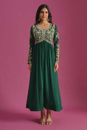 Shop Khwaab By Sanjana Lakhani Green Georgette Scoop Neck Yoke Embroidered Anarkali With Dupatta Online at Aza Fashions Shop_Khwaab By Sanjana Lakhani_Green Georgette Scoop Neck Yoke Embroidered Anarkali With Dupatta _Online_at_Aza_Fashions