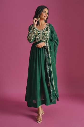 Khwaab By Sanjana Lakhani Green Georgette Scoop Neck Yoke Embroidered Anarkali With Dupatta at Aza Fashions Khwaab By Sanjana Lakhani_Green Georgette Scoop Neck Yoke Embroidered Anarkali With Dupatta _at_Aza_Fashions