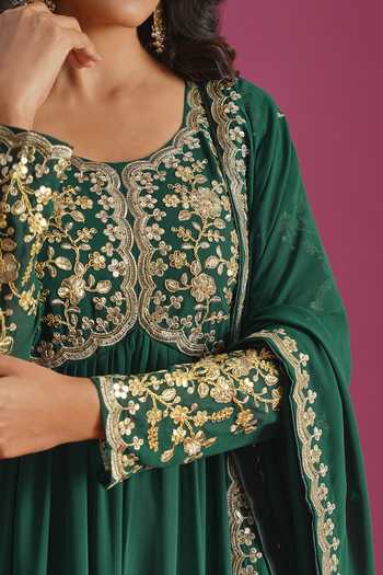 Shop Khwaab By Sanjana Lakhani Green Georgette Scoop Neck Yoke Embroidered Anarkali With Dupatta Shop_Khwaab By Sanjana Lakhani_Green Georgette Scoop Neck Yoke Embroidered Anarkali With Dupatta