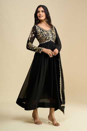 Khwaab By Sanjana Lakhani Black Georgette Round Neck Bodice Embroidered Anarkali With Dupatta Online at Aza Fashions Khwaab By Sanjana Lakhani_Black Georgette Round Neck Bodice Embroidered Anarkali With Dupatta _Online_at_Aza_Fashions