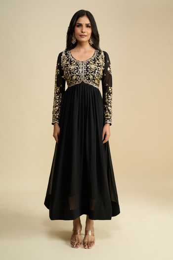 Shop Khwaab By Sanjana Lakhani Black Georgette Round Neck Bodice Embroidered Anarkali With Dupatta Online at Aza Fashions Shop_Khwaab By Sanjana Lakhani_Black Georgette Round Neck Bodice Embroidered Anarkali With Dupatta _Online_at_Aza_Fashions