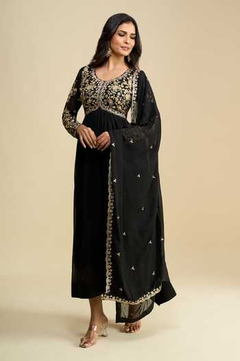 Khwaab By Sanjana Lakhani Black Georgette Round Neck Bodice Embroidered Anarkali With Dupatta at Aza Fashions Khwaab By Sanjana Lakhani_Black Georgette Round Neck Bodice Embroidered Anarkali With Dupatta _at_Aza_Fashions