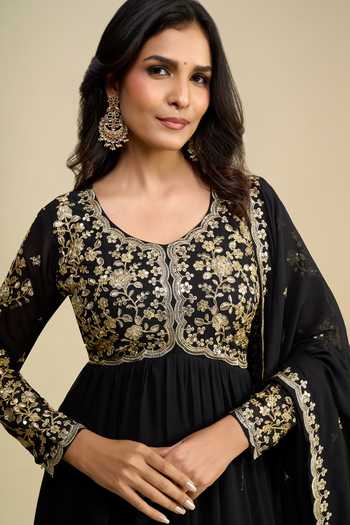 Shop Khwaab By Sanjana Lakhani Black Georgette Round Neck Bodice Embroidered Anarkali With Dupatta Shop_Khwaab By Sanjana Lakhani_Black Georgette Round Neck Bodice Embroidered Anarkali With Dupatta