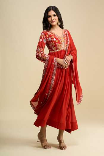 Buy Khwaab By Sanjana Lakhani Orange Georgette V-neck Floral Embroidered Anarkali With Dupatta Online at Aza Fashions Buy_Khwaab By Sanjana Lakhani_Orange Georgette V-neck Floral Embroidered Anarkali With Dupatta _Online_at_Aza_Fashions