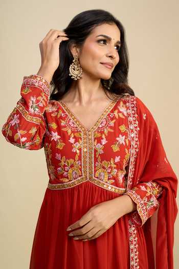Buy Khwaab By Sanjana Lakhani Orange Georgette V-neck Floral Embroidered Anarkali With Dupatta Buy_Khwaab By Sanjana Lakhani_Orange Georgette V-neck Floral Embroidered Anarkali With Dupatta