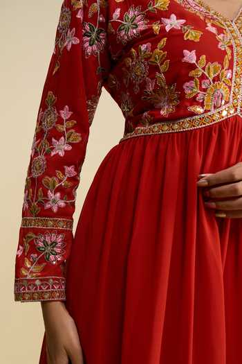 Shop Khwaab By Sanjana Lakhani Orange Georgette V-neck Floral Embroidered Anarkali With Dupatta Shop_Khwaab By Sanjana Lakhani_Orange Georgette V-neck Floral Embroidered Anarkali With Dupatta