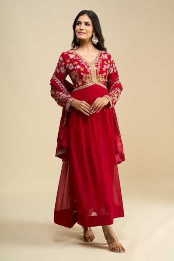 Buy Khwaab By Sanjana Lakhani Red Georgette V-neck Hand Embroidered Anarkali And Dupatta Set Online at Aza Fashions Buy_Khwaab By Sanjana Lakhani_Red Georgette V-neck Hand Embroidered Anarkali And Dupatta Set _Online_at_Aza_Fashions