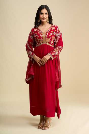 Shop Khwaab By Sanjana Lakhani Red Georgette V-neck Hand Embroidered Anarkali And Dupatta Set Online at Aza Fashions Shop_Khwaab By Sanjana Lakhani_Red Georgette V-neck Hand Embroidered Anarkali And Dupatta Set _Online_at_Aza_Fashions