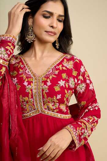Khwaab By Sanjana Lakhani Red Georgette V-neck Hand Embroidered Anarkali And Dupatta Set at Aza Fashions Khwaab By Sanjana Lakhani_Red Georgette V-neck Hand Embroidered Anarkali And Dupatta Set _at_Aza_Fashions
