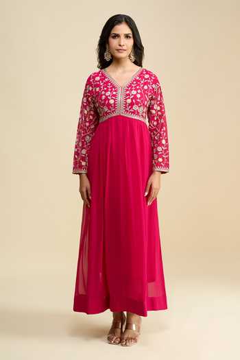 Shop Khwaab By Sanjana Lakhani Pink Georgette V-neck Hand Embroidered Anarkali With Dupatta Online at Aza Fashions Shop_Khwaab By Sanjana Lakhani_Pink Georgette V-neck Hand Embroidered Anarkali With Dupatta _Online_at_Aza_Fashions