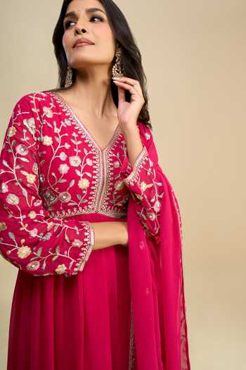 Khwaab By Sanjana Lakhani Pink Georgette V-neck Hand Embroidered Anarkali With Dupatta at Aza Fashions Khwaab By Sanjana Lakhani_Pink Georgette V-neck Hand Embroidered Anarkali With Dupatta _at_Aza_Fashions