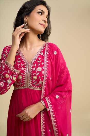 Shop Khwaab By Sanjana Lakhani Pink Georgette V-neck Hand Embroidered Anarkali With Dupatta Shop_Khwaab By Sanjana Lakhani_Pink Georgette V-neck Hand Embroidered Anarkali With Dupatta