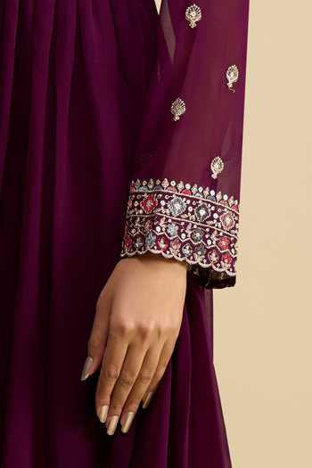 Khwaab By Sanjana Lakhani Purple Georgette V-neck Hand-embroidered Anarkali With Dupatta Online at Aza Fashions Khwaab By Sanjana Lakhani_Purple Georgette V-neck Hand-embroidered Anarkali With Dupatta _Online_at_Aza_Fashions