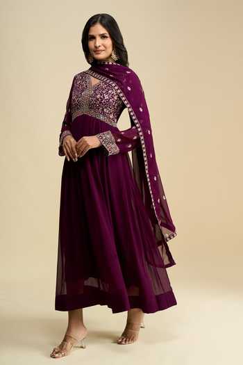 Shop Khwaab By Sanjana Lakhani Purple Georgette V-neck Hand-embroidered Anarkali With Dupatta Online at Aza Fashions Shop_Khwaab By Sanjana Lakhani_Purple Georgette V-neck Hand-embroidered Anarkali With Dupatta _Online_at_Aza_Fashions