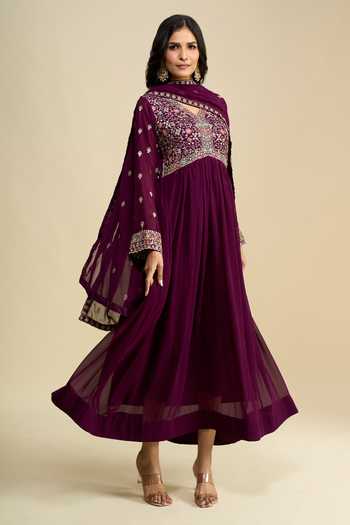 Khwaab By Sanjana Lakhani Purple Georgette V-neck Hand-embroidered Anarkali With Dupatta at Aza Fashions Khwaab By Sanjana Lakhani_Purple Georgette V-neck Hand-embroidered Anarkali With Dupatta _at_Aza_Fashions