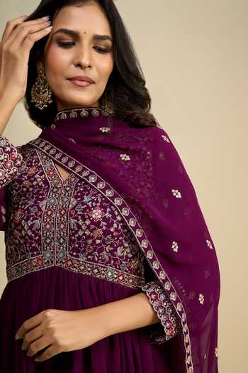Shop Khwaab By Sanjana Lakhani Purple Georgette V-neck Hand-embroidered Anarkali With Dupatta Shop_Khwaab By Sanjana Lakhani_Purple Georgette V-neck Hand-embroidered Anarkali With Dupatta