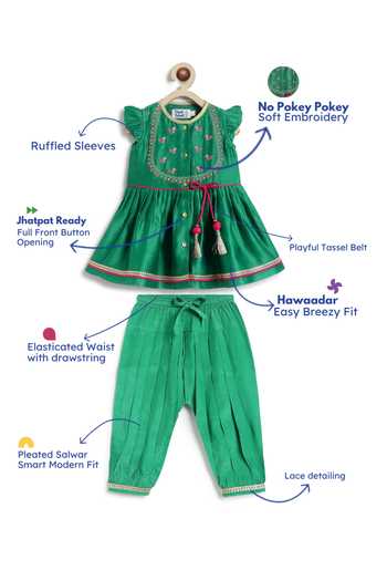 Buy_Tiber Taber_Green Chanderi Cotton, Viscose Silk Angarkha And 100 Percent Salwar Set _Online_at_Aza_Fashions
