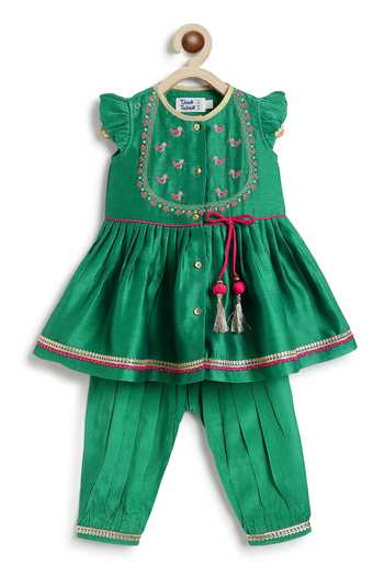 Buy_Tiber Taber_Green Chanderi Cotton, Viscose Silk Angarkha And 100 Percent Salwar Set 