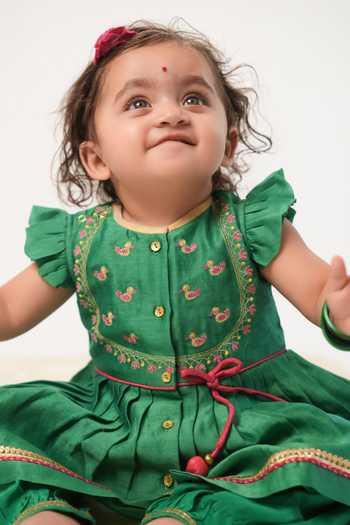 Shop_Tiber Taber_Green Chanderi Cotton, Viscose Silk Angarkha And 100 Percent Salwar Set 
