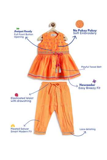 Shop_Tiber Taber_Orange Chanderi Cotton, Viscose Embroidered Silk Angarkha And Salwar Set _Online_at_Aza_Fashions