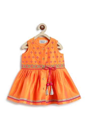 Shop_Tiber Taber_Orange Chanderi Cotton, Viscose Embroidered Silk Angarkha And Salwar Set 