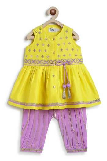 Tiber Taber_Gold Embroidered Chanderi Cotton Silk And Viscose Angarkha & Salwar Set _at_Aza_Fashions
