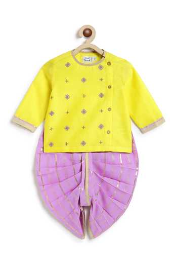 Tiber Taber_Yellow Silk, Chanderi Cotton, Viscose Embroidered Kurta And Dhoti Set _at_Aza_Fashions